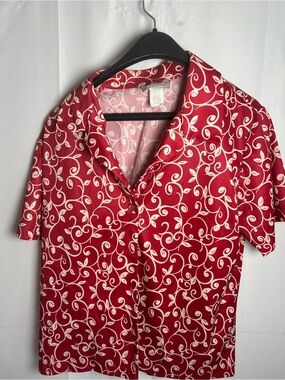 Blair Red and Cream Short-Sleeve Button Front Blouse